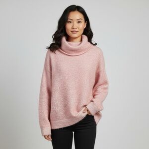 Soft Pink Cowl Neck Knit Sweater Oversize Fuzzy Top Faux Fur XXL Ribbed Waist